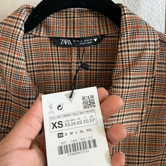 Zara Plaid Brown Terracotta Ruched Mini Button Down Collard Dress NWT - Picture 3 of 6